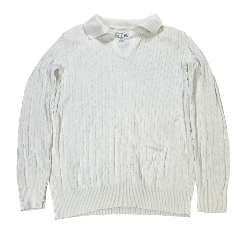 Kim Rogers Cable Knit Poko Sweater Women's Size S White V-Neck 100% Cotton